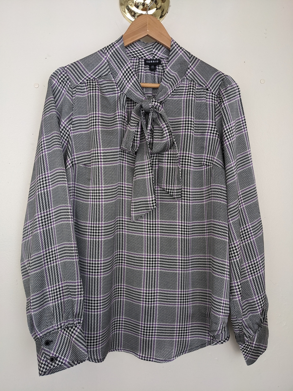 Torrid Black & Gray Plaid Tie-Neck Blouse with Purple Accent. Torrid 00